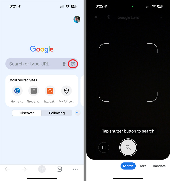 Two screenshots.One the left is home page Chrome app with the search bar with camera icons pointed out.On the right, there is a black screen with white brackets with text that says Tap shutter button to search and below are a photo icon on the left and a white button with a spyglass in the center .