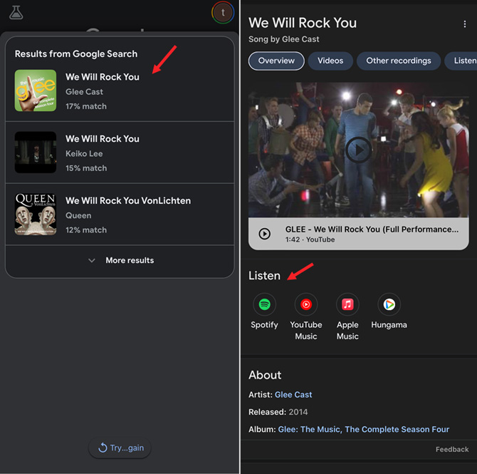 Two screenshots of Google Search a Song feature. On the left you see three song search results. On the right, you see listening options for the first song. 