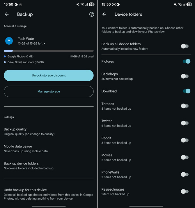 Selecting additional folders to back up with Google’s built-in backup service.