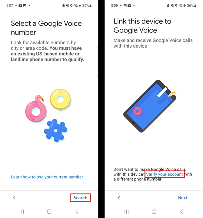 Two screenshots of Google Voice app setup. On the left you see the screen to start selecting a Google Voice number with the Search link in a red box. On the right, you see the option to verify your regular phone number with device other than your cell phone. 