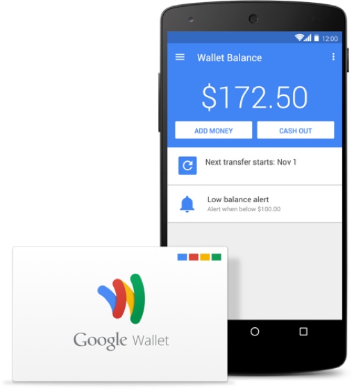 Google Wallet card next to a phone displaying the app