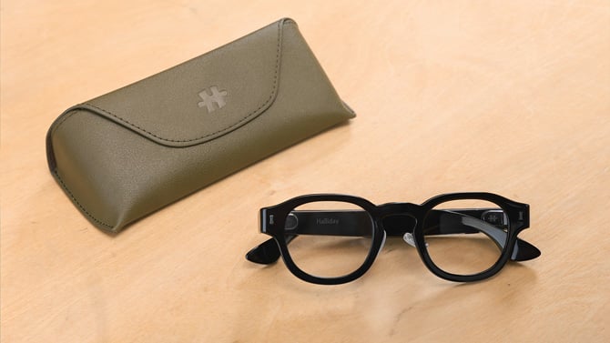 The Halliday G2 glasses are shown folded with their case.