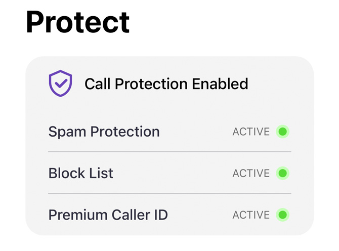 Hiya Call Protect screenshot showing Spam Protection, Block List, and Premium Caller ID active