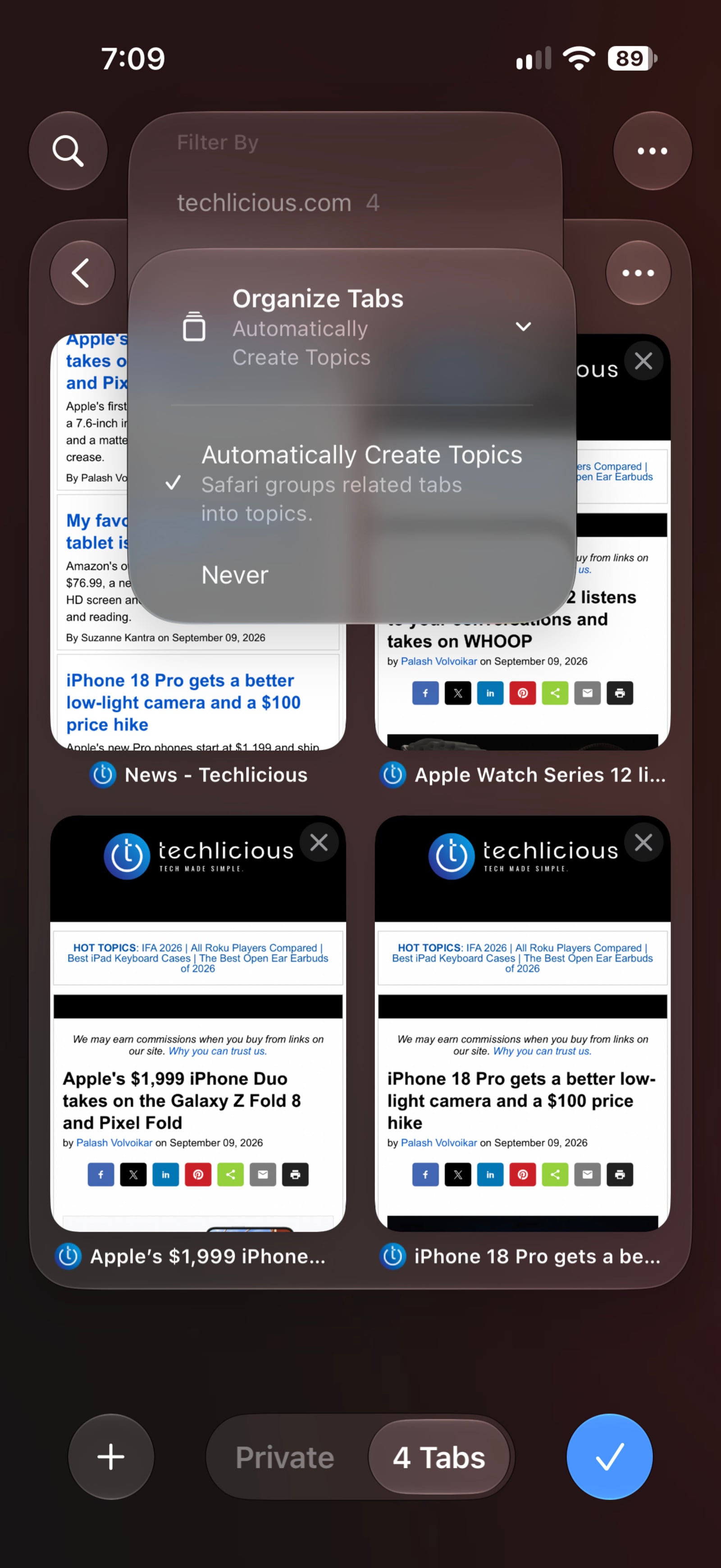 Safari's tab view in iOS 27 with the menu open and Automatically Create Topics turned on