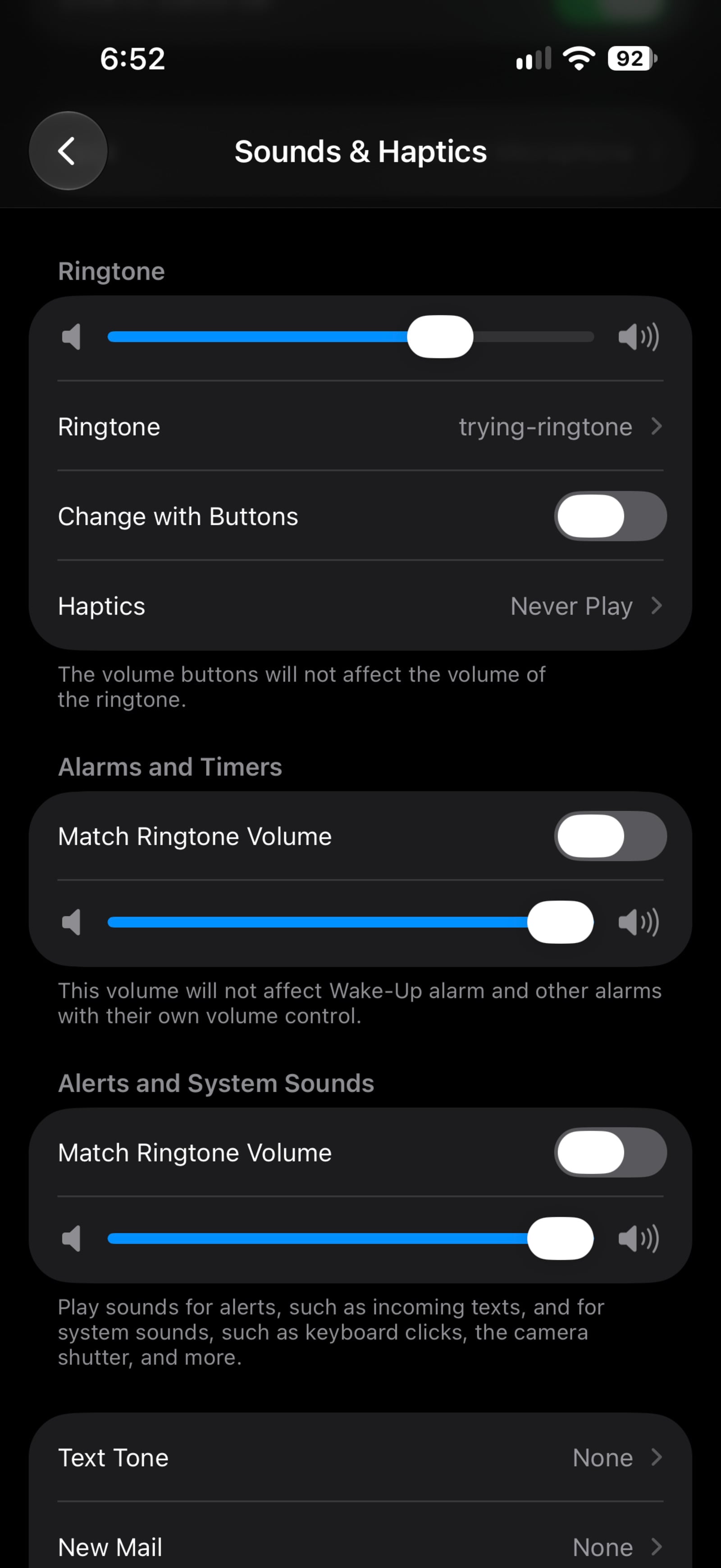 The Sounds & Haptics screen in iOS 27 with Match Ringtone Volume turned off and the separate alarm slider showing