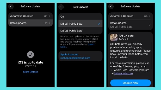 settings screen steps to install iOS 27 beta