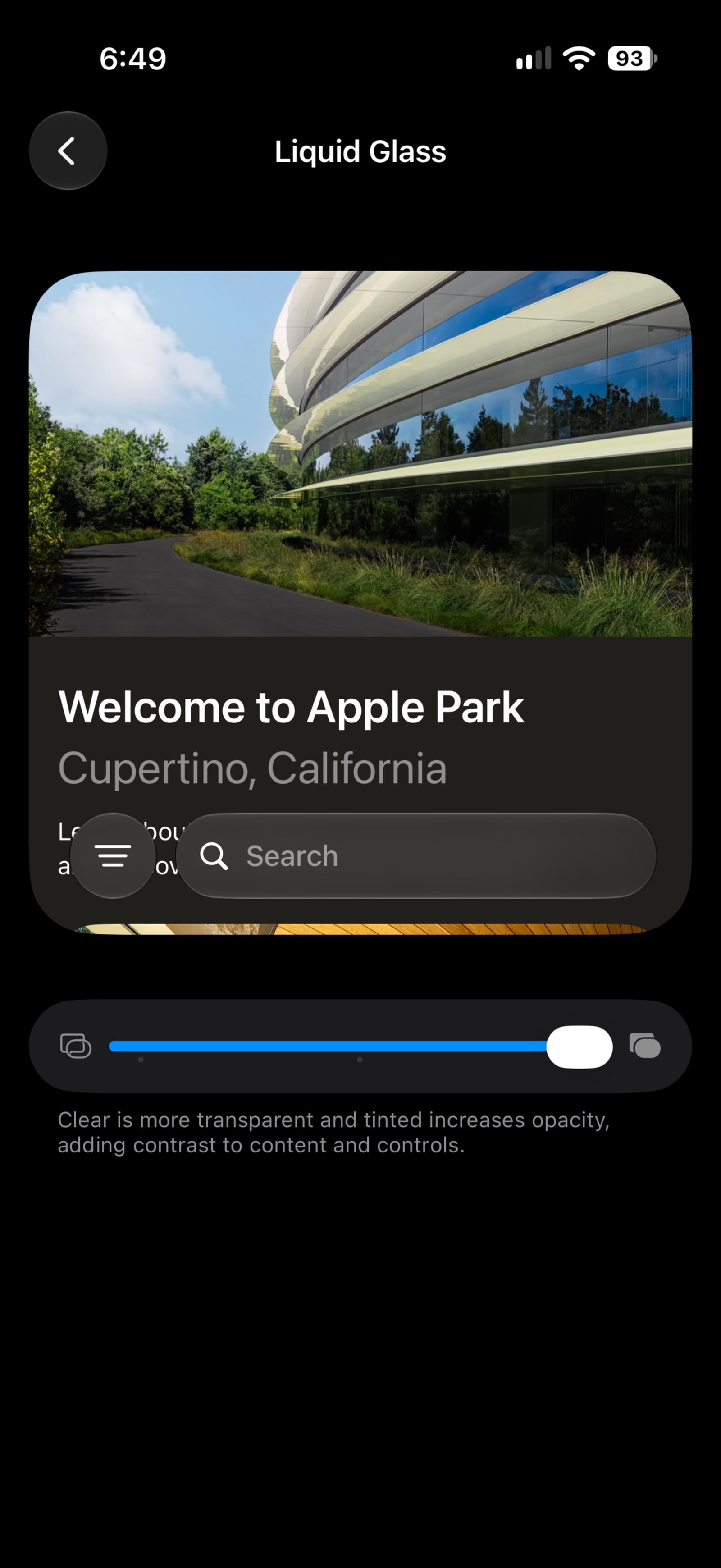 The Liquid Glass slider in iOS 27 Settings with the live preview above it