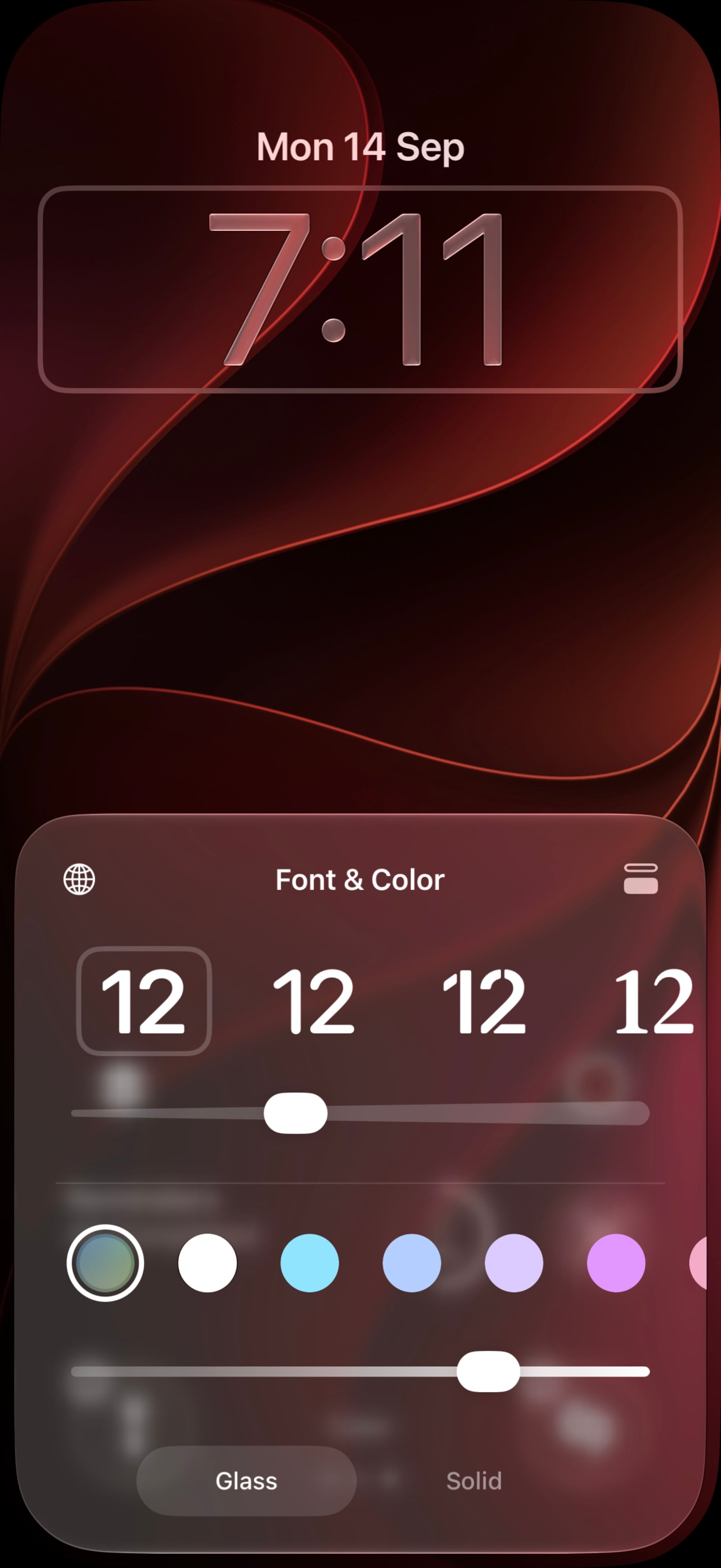 The Lock Screen clock editor in iOS 27 showing the compact clock option in the Font & Color panel