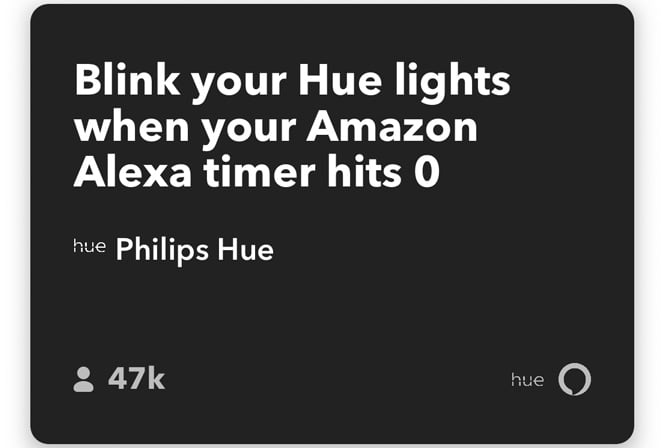 IFTTT app screenshot with the applet: Blink your Hue lights when your Amazon Alexa timer hits 0.