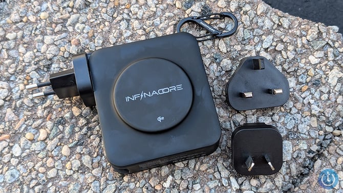 InfinaCore P3 Pro charger is shown with its international plugs