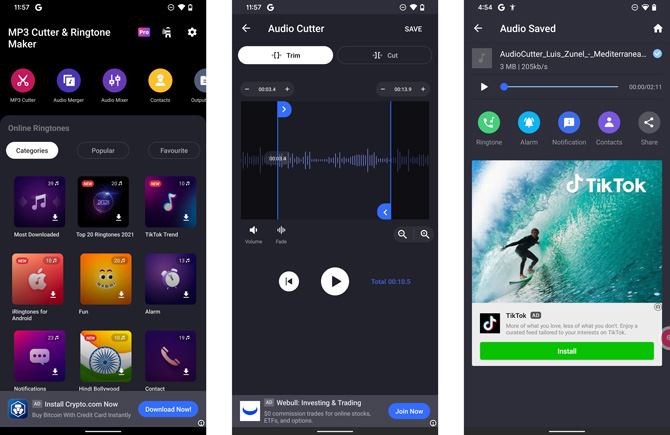 Three screenshots of the InShot MP3 Cutter & Ringtone Maker app. From the left, the first screenshot is the home page with MP3 Cutter, Audio Merger, Audio Mixer, and Contacts icons. Below are ringtones that you can download. In the second screenshot, entitled Audio Cutter, you see options to Trim (selected) and Cut with an audio waveform beneath with blue sliders to trim audio. Below the waveform are rewind, play and fast forward buttons. In the third screen shot entitled Audio Saved, you see an audio file name with a play button beneath. Under the play controls are options to assign Ringtone, Alarm, Notification, Contacts, and Share. 