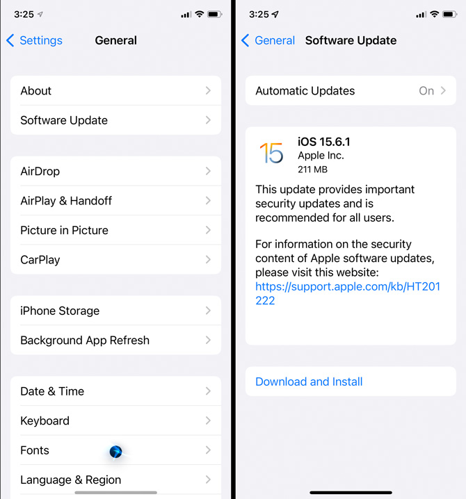 Two screenshots of iOS 15 settings. On the left, you see the General settings page with the option for Software Update. On the right, you see the update notification for iOS 15.6.1. and the option to turn on Automatic Updates at the top