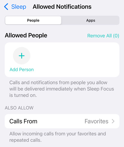 Screenshot of iOS 14 Sleep profile Allowed Notifications settings with the People Tab highlighted. Below there is a box showing Allowed People with a circle with a plus sign and the words Add Person. Below that is Also Allow  and in the box Calls From Favorites. There is another tab for apps.  a section for Also Allow Calls From with the ability to add people