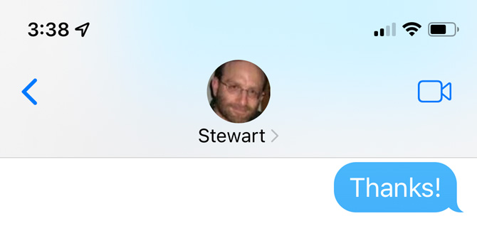 Screenshot of iMessages showing a message with Stewart and the Facetime icon at the top and the word Thanks in the text messaging area.