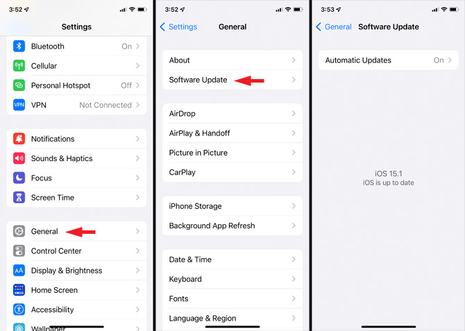 Three screenshots of iPhone settings. The first shows the main settings screen with Bluetooth, Cellular, Personal Hotspot, VPN, Notifications, Sounds & Haptics, Focus, Screen Time, and then General pointed out. The second screenshot shows the General page with About and then Software Update pointed out. The third screenshot shows the Software Update screen with  an option to turn on Automatic Updates and it shows iOS has been updated to 15.1. 