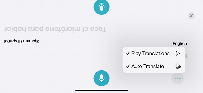 Screenshot of iOS 15 Translate showing the option menu of Play Translations and Auto Translate