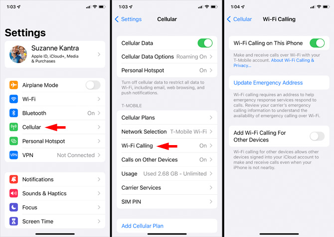 Three screenshots of Settings. From the left, the first screenshot shows the main settings menu with Cellular pointed out. The second screenshot shows the main Cellular menu with Wi-Fi Calling pointed out. The third screenshot shows the Wi-Fi Calling page with the option to toggle on Wi-Fi Calling on This iPhone, Update Emergency Address, and Add Wi-Fi Calling For Other Devices. 