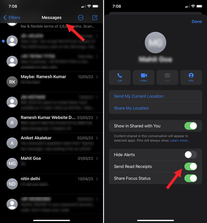 Two screenshots of iOS 16 Messages app. The one on the right shows a messages list and the one on the left shows the option to turn off Send Read Receipts for an individual recipient.