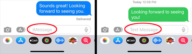 Two screenshots of Apple Messages. On the left you see an iMessage conversation with the text in a blue bubble and iMessage circled in the compose box. On the right you see text in a green bubble and Text Message circled in the compose box.  