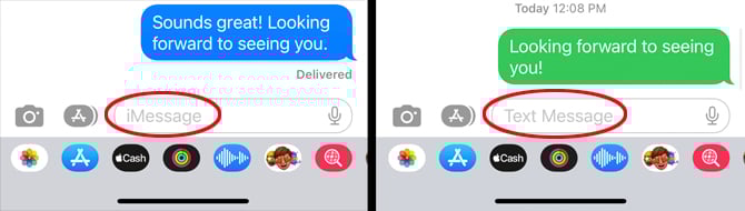 Two screenshots of Apple Messages. On the left you see an iMessage conversation with the text in a blue bubble and iMessage circled in the compose box. On the right you see text in a green bubble and Text Message circled in the compose box.  