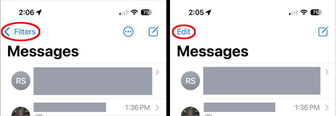 Two screenshots of iOS 16 Messages app. On the left you see the option for option for Filters circled and on the right you see the option for Edit circled.