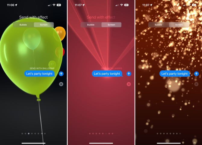 Three screenshots of iMessage screen effects. On the left is the Ballons effect, in the middle is the Spotlight effect, and on the right is the Celebration effect.