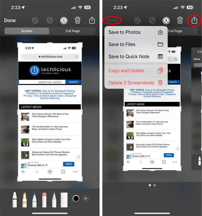 Two screenshots of iOS 16 screenshot tool. On the left, you see the editing tools you can use with the screenshot. On the right, you see sharing options: from the Done menu, you can save to Photos, File, or Quick Note, you can copy and delete, or you can delete. 