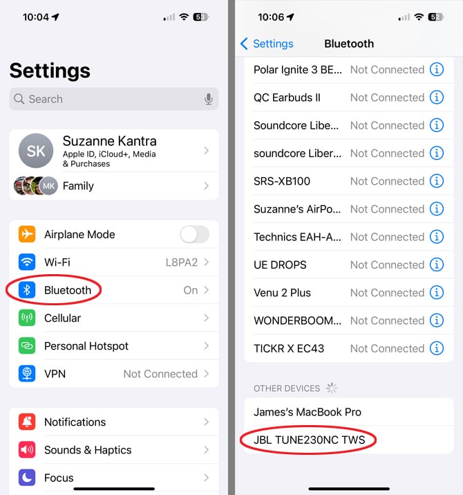 Two screenshots of iOS 17 Settings. On the left, you see the main settings page with Bluetooth circled. On the right, you see the Bluetooth screen with the JBL TUNE230NC TWS circled in the Other devices section. 