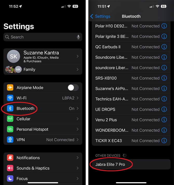 Two screenshots of iOS 17 Settings. On the left, you see the main settings page with Bluetooth circled. On the right, you see the Bluetooth screen with the JJabra Elite 7 Pro circled in the Other devices section. 