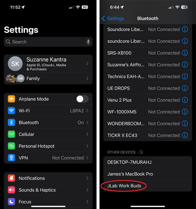 Two screenshots of iOS 17 Settings. On the left, you see the main settings page with Bluetooth circled. On the right, you see the Bluetooth screen with the JLab Work Buds circled in the Other devices section. 