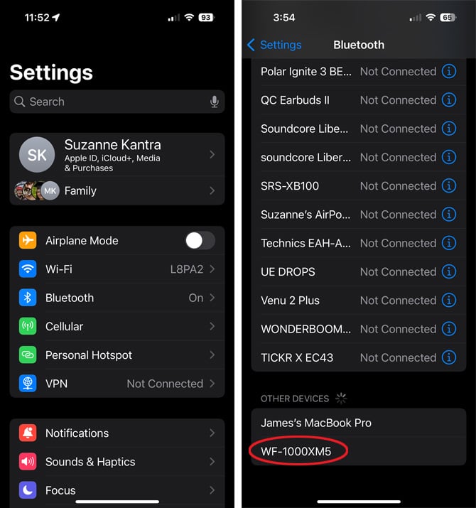 Two screenshots of iOS 17 Settings. On the left, you see the main settings page with Bluetooth circled. On the right, you see the Bluetooth screen with the Sony WF-1000MX5 circled in the Other devices section. 