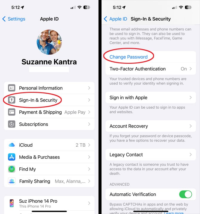 Two screenshots of Settings: on the left, you see the Apple ID screen with Sign-in & Security circled. On the right, you see the Sign-in &Security screen with Change Password circled.