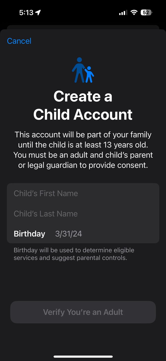 Screenshot of iOS 17 Create a Chil Account screen, showing options for adding a child's name and birthday.