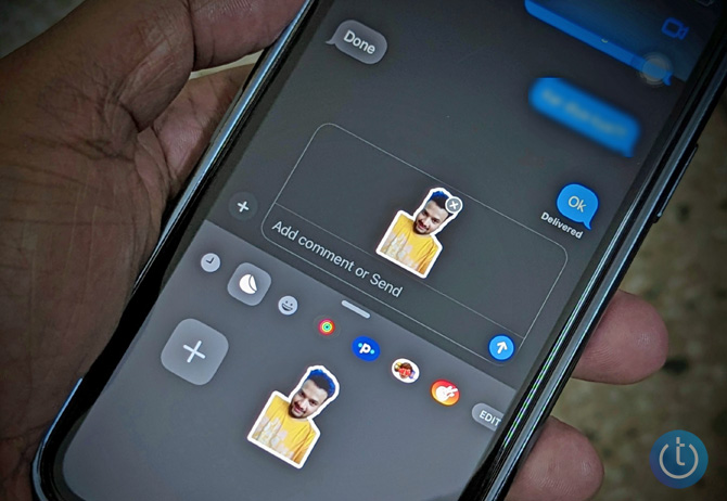 Closeup of iPhone showing sending a custom photo sticker.