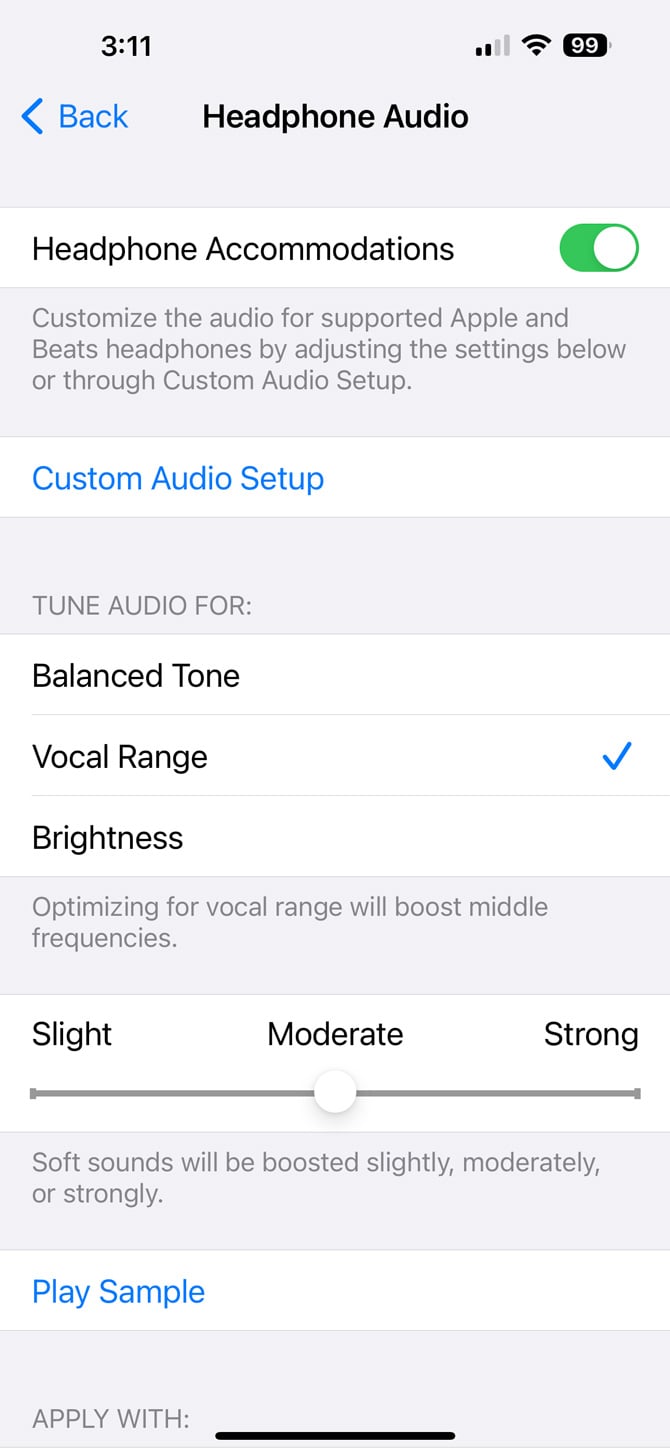 A screenshot of iOS Heaphone Audio screen with the Headphone Accommodations turn on and the ability to tune audio for balanced tone, vocal range (checked) or brightness.