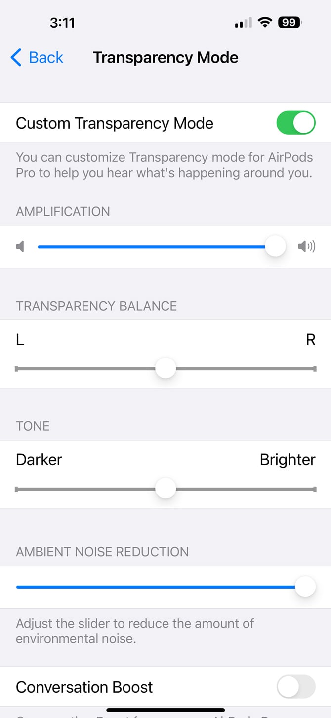  Screenshot of iOS Transparency Mode with Custom Transparency turned on and sliders for amplifications, transparency balance, tone and ambient noise reduction. 