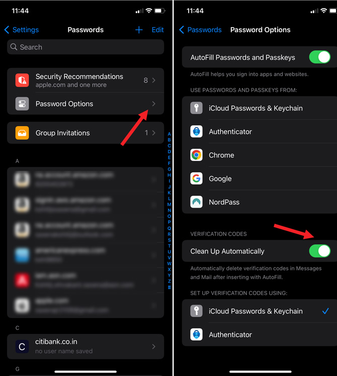 Two screenshots of Password Settings: on the left you see the Passwords screen with Password Options pointed out and on the right you see the Password Options screen with Clean Up Automatically pointed out.