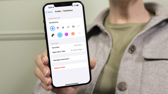 Safari settings for Profiles showing the creation of a new profile with the name field, icon choice, and color choice.