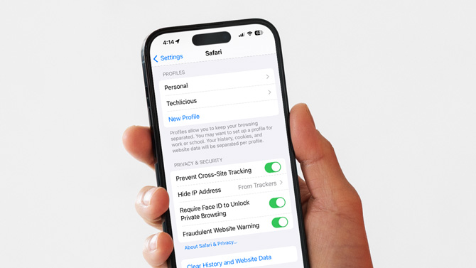 Safari settings for Profiles and Privacy & Security shown on an iPhone 14 Pro.