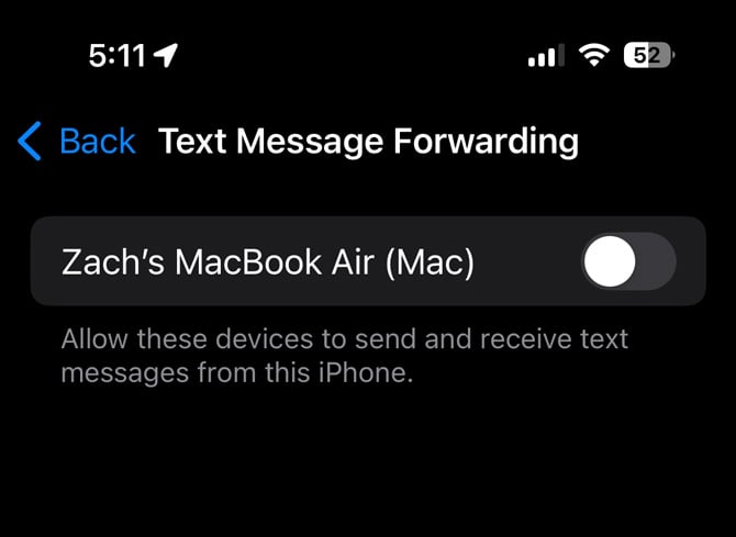 iOS 17 showing Text Message Forwarding toggled off.