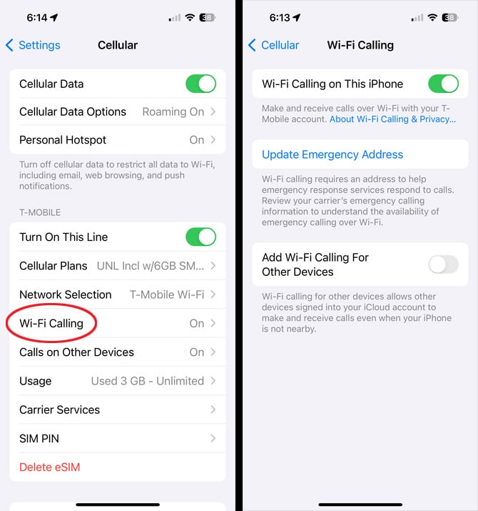 Two screenshots of Settings. On the left,you see the main Cellular menu with Wi-Fi Calling pointed out. On the right, you see  the Wi-Fi Calling page with the option to toggle on Wi-Fi Calling on This iPhone, Update Emergency Address, and Add Wi-Fi Calling For Other Devices. 