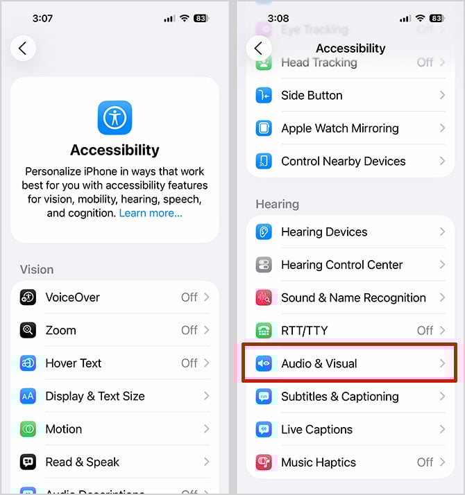 Two iOS 26 Accessibility setting screenshots: on the left is the main menu and on the right you see Audio & Visual highlighted under Hearing 