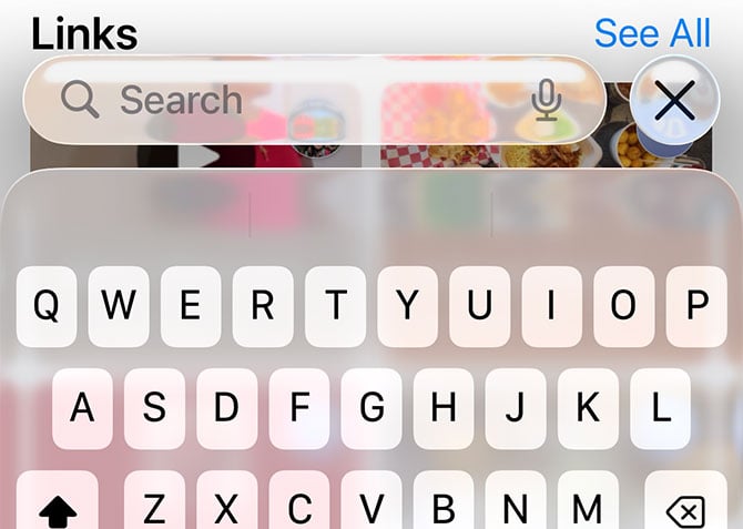 Screenshots of iOS 26 of the Messages search bubble over a photo