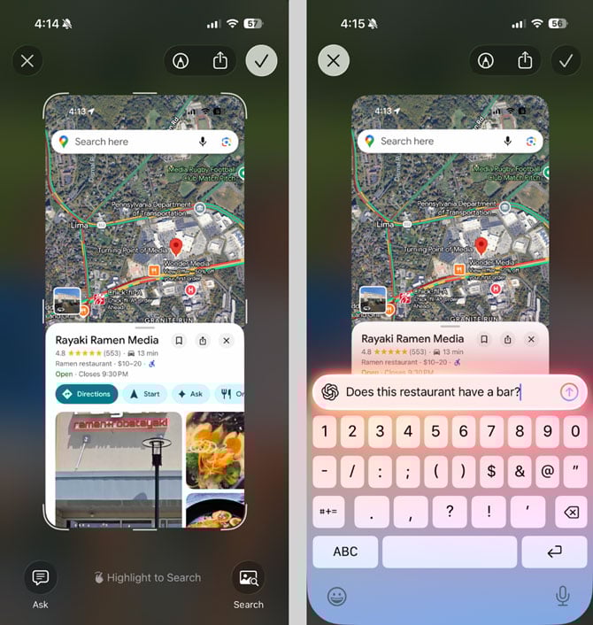 Two screenshots: on the left you see a card showing Rayaki Ramen Media and on the right you see a Chat GPT prompt asking if the restaurant has a bar. 
