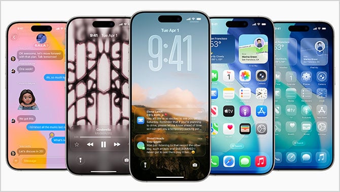 Screenshots of iOS 26 on iPhones (from the left): Messages, Music, the lock screen, the Home Screen, and the Home Screen with all-white icons.