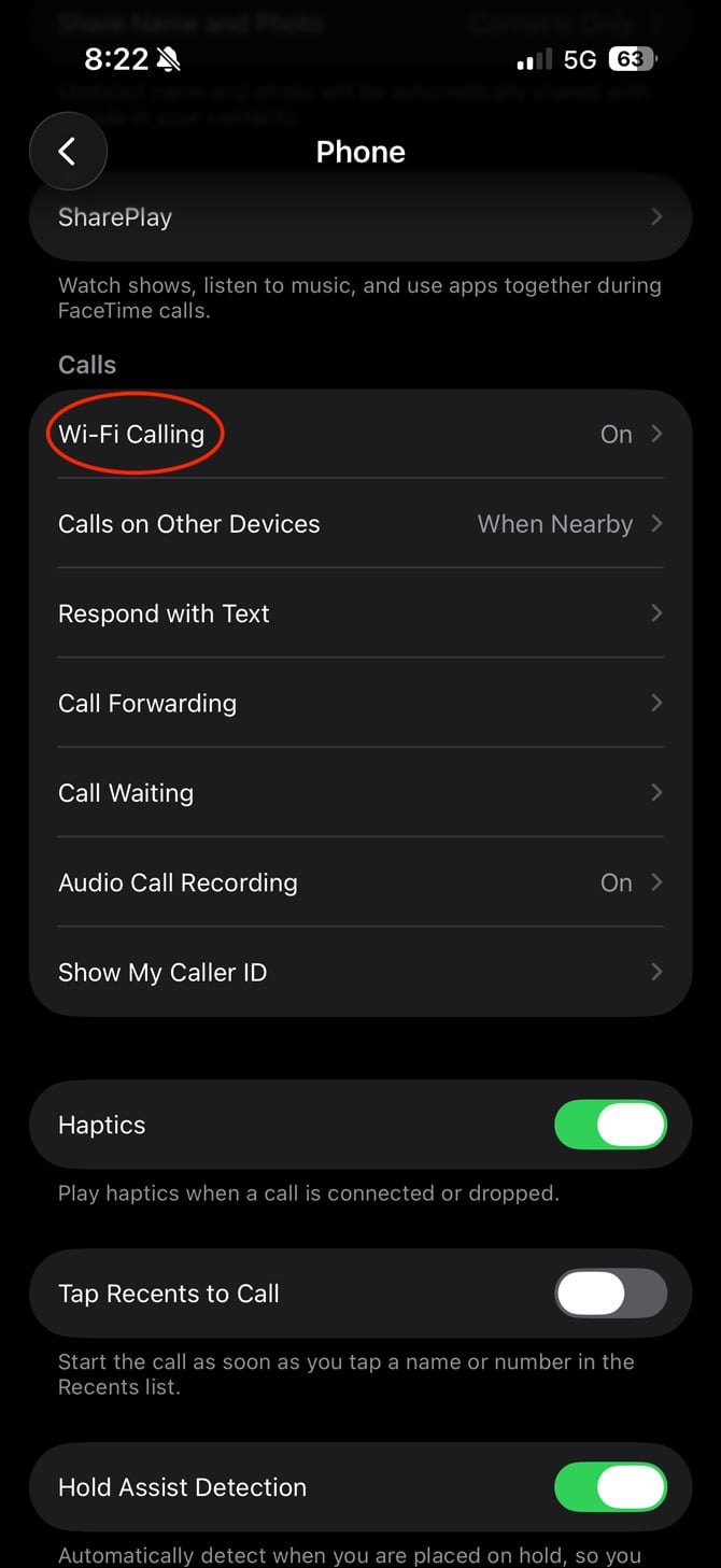 Screenshot of the iOS 26 Setting app Phone settings screen.
