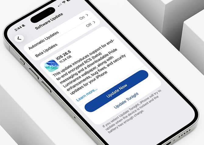 An iPhone displays the Software Update screen for iOS 26.5.