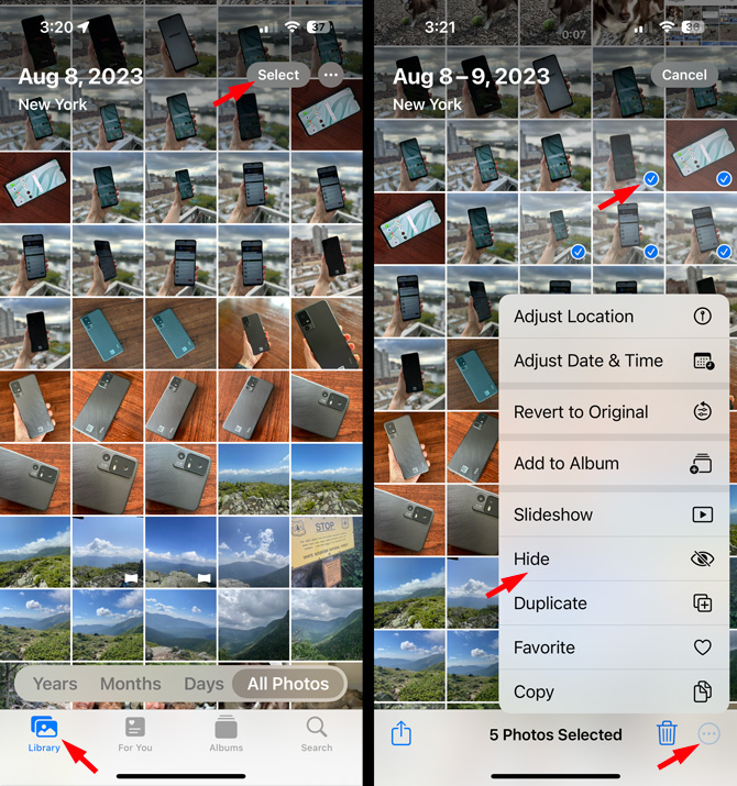Two screenshots of Photos app. On the left you see the Library view with the Select button and the Library tab pointed out. On the right you see several photos selected with blue check marks. A pop up menu show the option to hide (pointed out) and the menu button in the lower right corner is pointed out. 