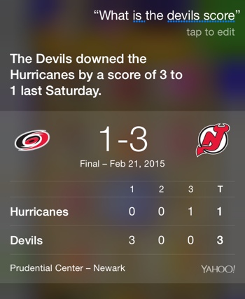 Siri Voice Activated sports score (NJ Devils)