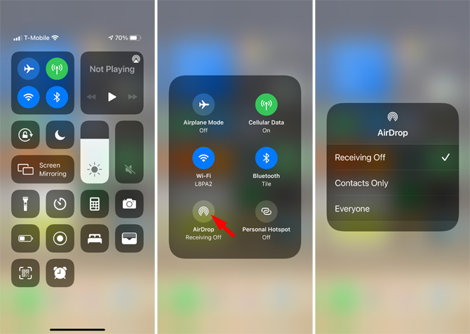 Three screenshots of iOS Control Center. From the left, the first screen shows the whole selection of Control Center options with the communications options widget in the upper right. The communications widget shows from the upper left: an airplane, a cellular beacon, a wifi signal and a Bluetooth. The second screenshot shows an expanded communications widget which adds an AirDrop icon and personal hotspot icon in a third row. In the third screenshow, you see the AirDrop options of Receiving Off (with a check mark), Contacts Only, and Everyone. 